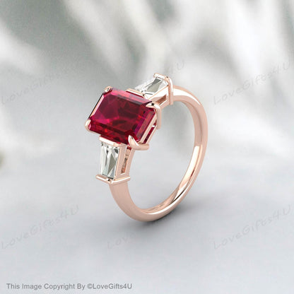 Emerald Cut Ruby Engagement Ring Silver Baguette Cz Diamond Ruby