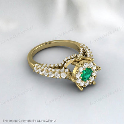 Emerald Engagement Ring Cz Diamond Halo Ring Vintage Wedding Ring