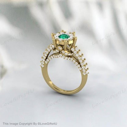 Emerald Engagement Ring Cz Diamond Halo Ring Vintage Wedding Ring