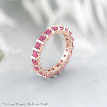 Princess Cut Pink Tourmaline Ring For Women Wedding Engagement Band