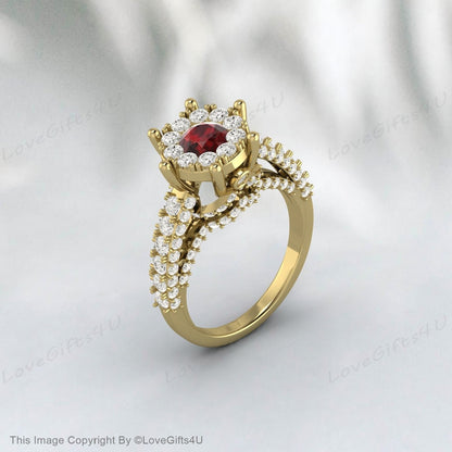 Round Garnet Engagement Ring Wedding Ring Flower Vine Bridal Gift