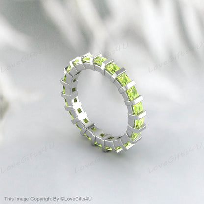 Princess Cut Peridot Band 925 Sterling Silver Women Jewelry Matching Wedding Band Eternity Stackable Ring August Birthstone Anniversary Gift