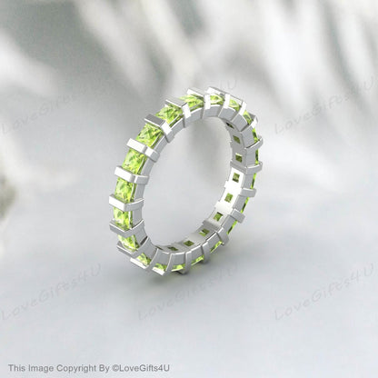 Princess Cut Peridot Band 925 Sterling Silver Women Jewelry Matching Wedding Band Eternity Stackable Ring August Birthstone Anniversary Gift