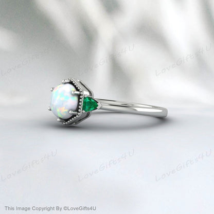 Opal Engagement Ring Emerald Ring Bridal Ring Anniversary Gift