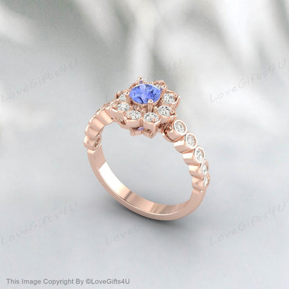 Bague de fiançailles florale ronde Tanzanite, bague de promesse, cadeau d'anniversaire