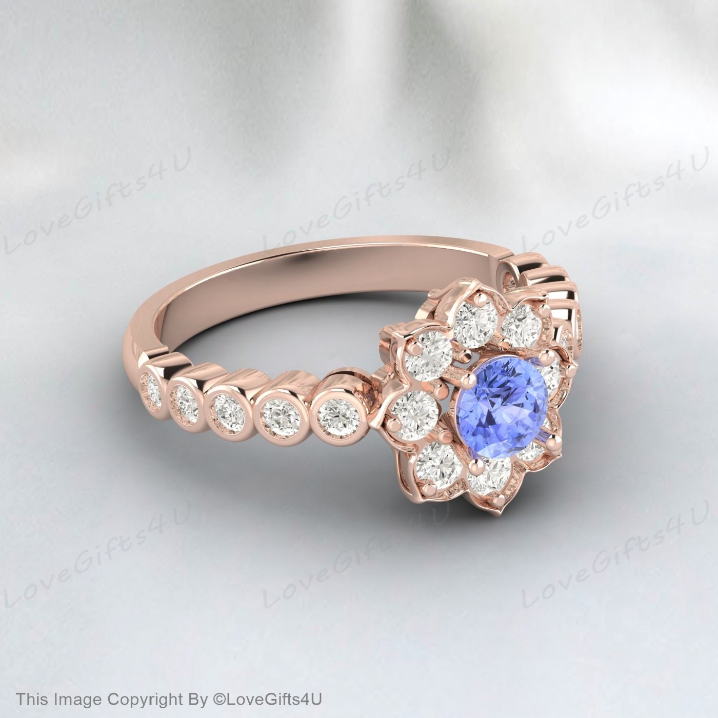 Bague de fiançailles florale ronde Tanzanite, bague de promesse, cadeau d'anniversaire