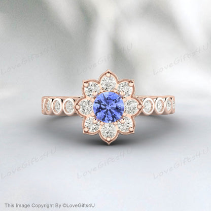 Bague de fiançailles florale ronde Tanzanite, bague de promesse, cadeau d'anniversaire