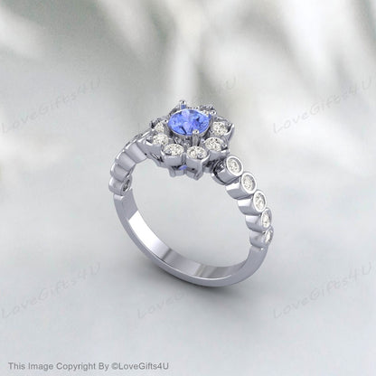 Bague de fiançailles florale ronde Tanzanite, bague de promesse, cadeau d'anniversaire