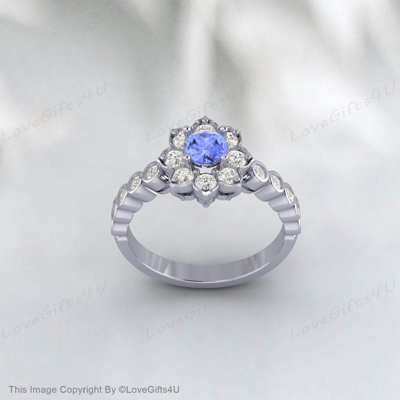 Bague de fiançailles florale ronde Tanzanite, bague de promesse, cadeau d'anniversaire