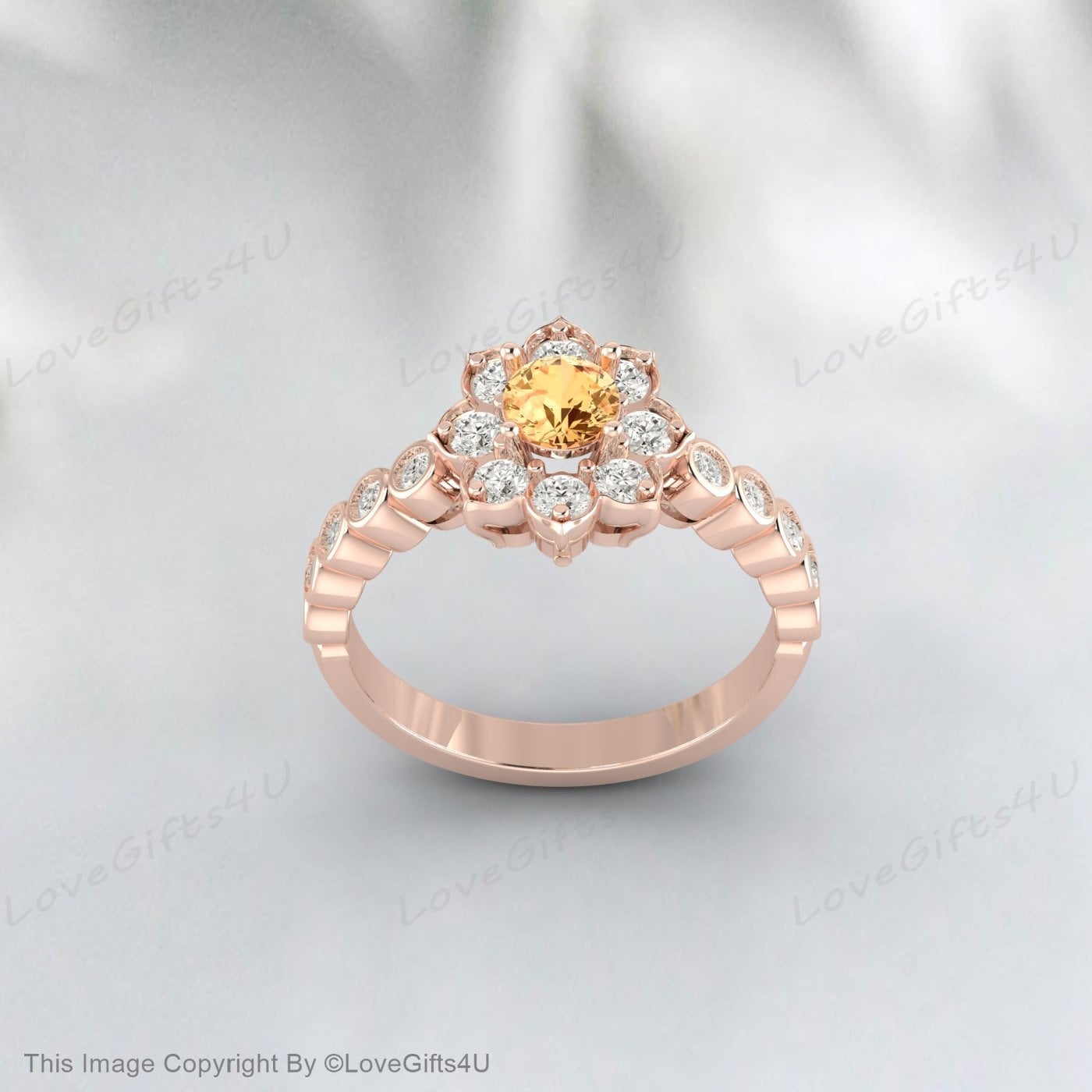 Natural Yellow Citrine Ring Round Cut Engagement Ring Nature Inspired Flower Halo Ring Anniversary Bridal Ring For Her Wedding Promise Ring