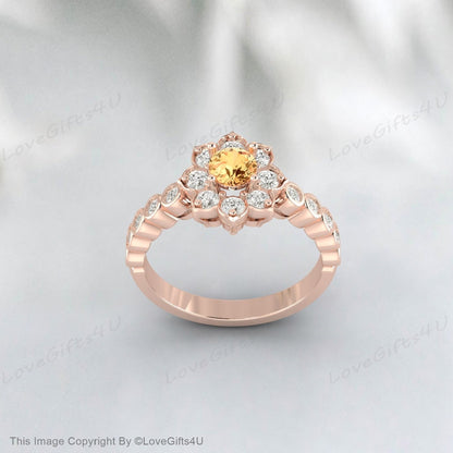 Natural Yellow Citrine Ring Round Cut Engagement Ring Nature Inspired Flower Halo Ring Anniversary Bridal Ring For Her Wedding Promise Ring