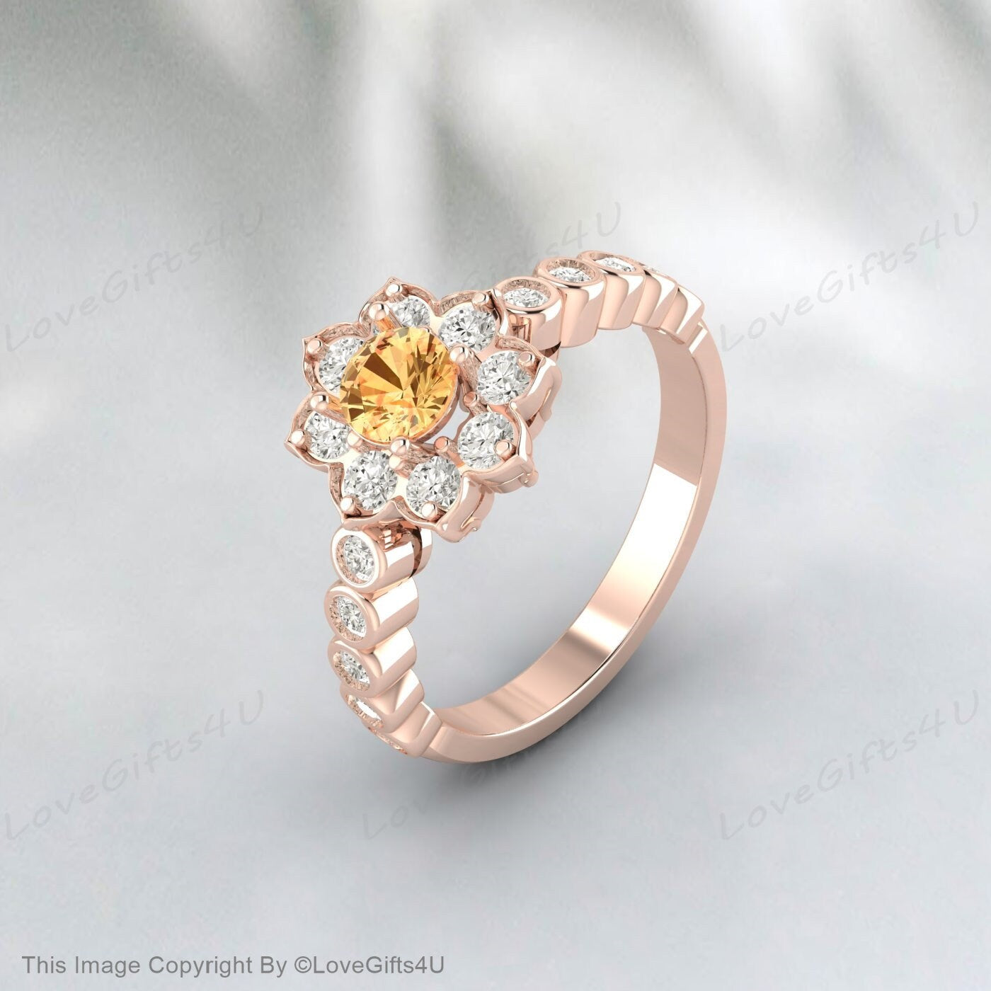 Natural Yellow Citrine Ring Round Cut Engagement Ring Nature Inspired Flower Halo Ring Anniversary Bridal Ring For Her Wedding Promise Ring