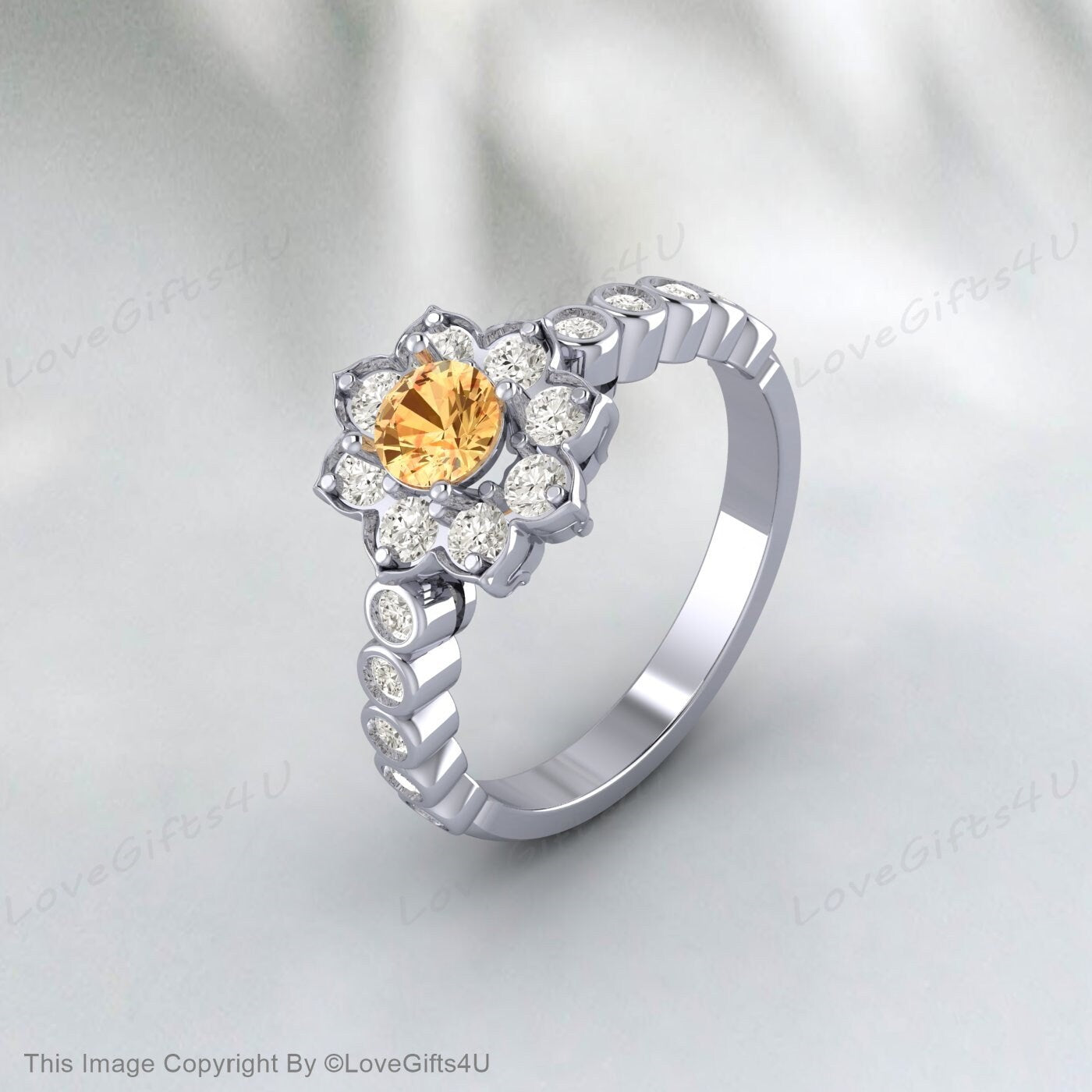 Natural Yellow Citrine Ring Round Cut Engagement Ring Nature Inspired Flower Halo Ring Anniversary Bridal Ring For Her Wedding Promise Ring