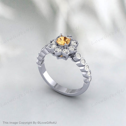 Natural Yellow Citrine Ring Round Cut Engagement Ring Nature Inspired Flower Halo Ring Anniversary Bridal Ring For Her Wedding Promise Ring