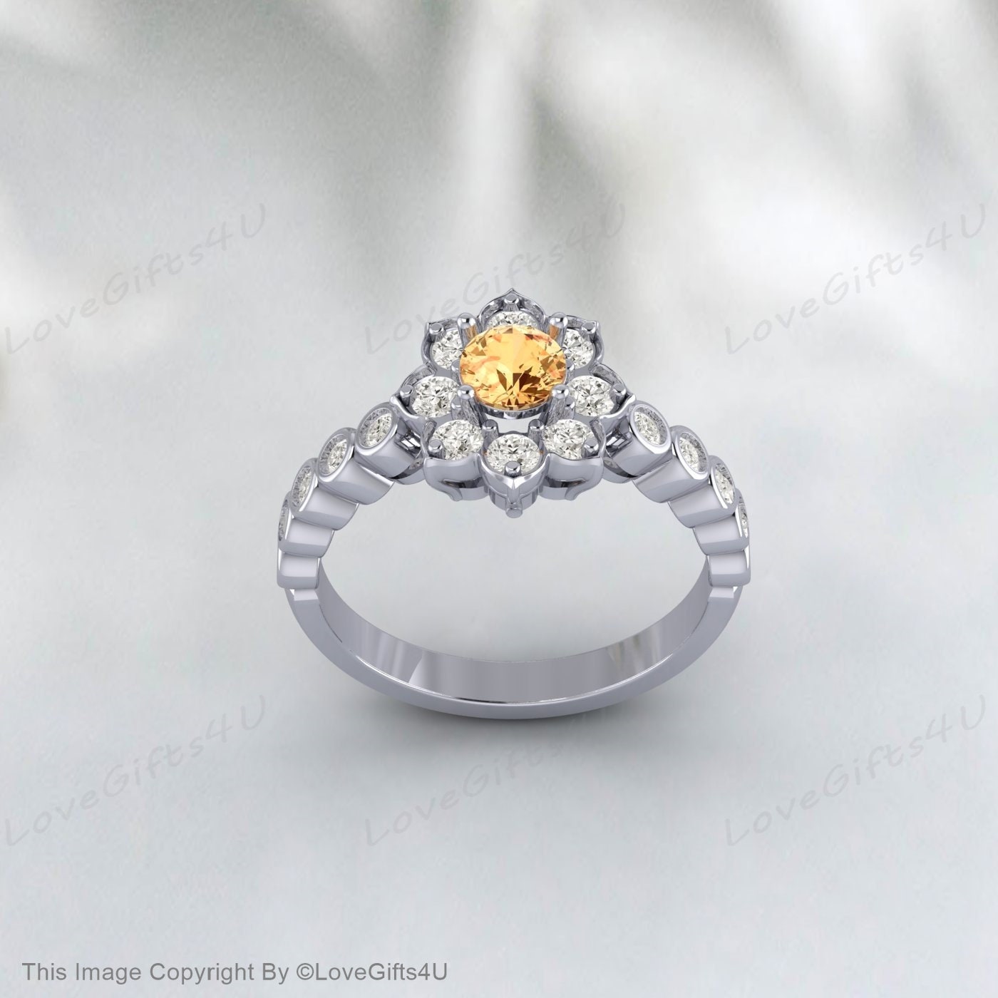 Natural Yellow Citrine Ring Round Cut Engagement Ring Nature Inspired Flower Halo Ring Anniversary Bridal Ring For Her Wedding Promise Ring