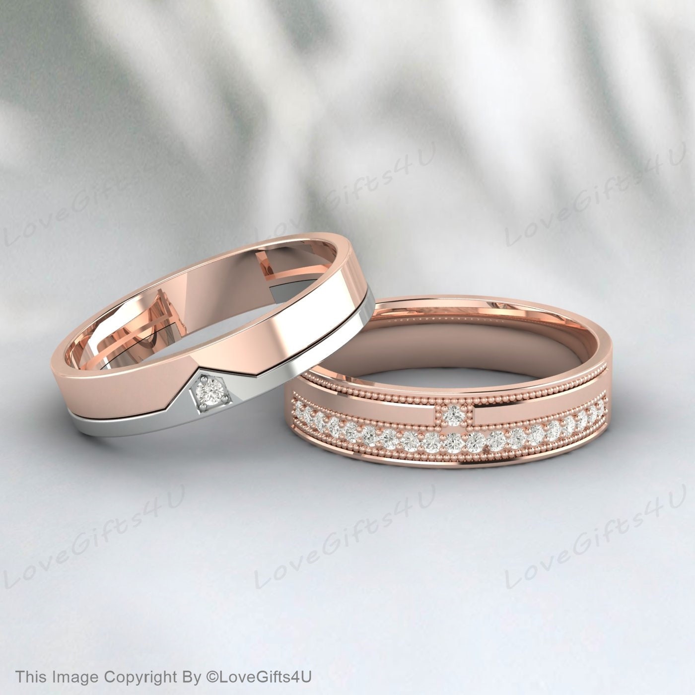 Matching Rings for Couples, Simulated Diamond Rings in 14K/18K Rose Gold, Wedding Ring Set, His and Hers Wedding Band, Anniversary Rings