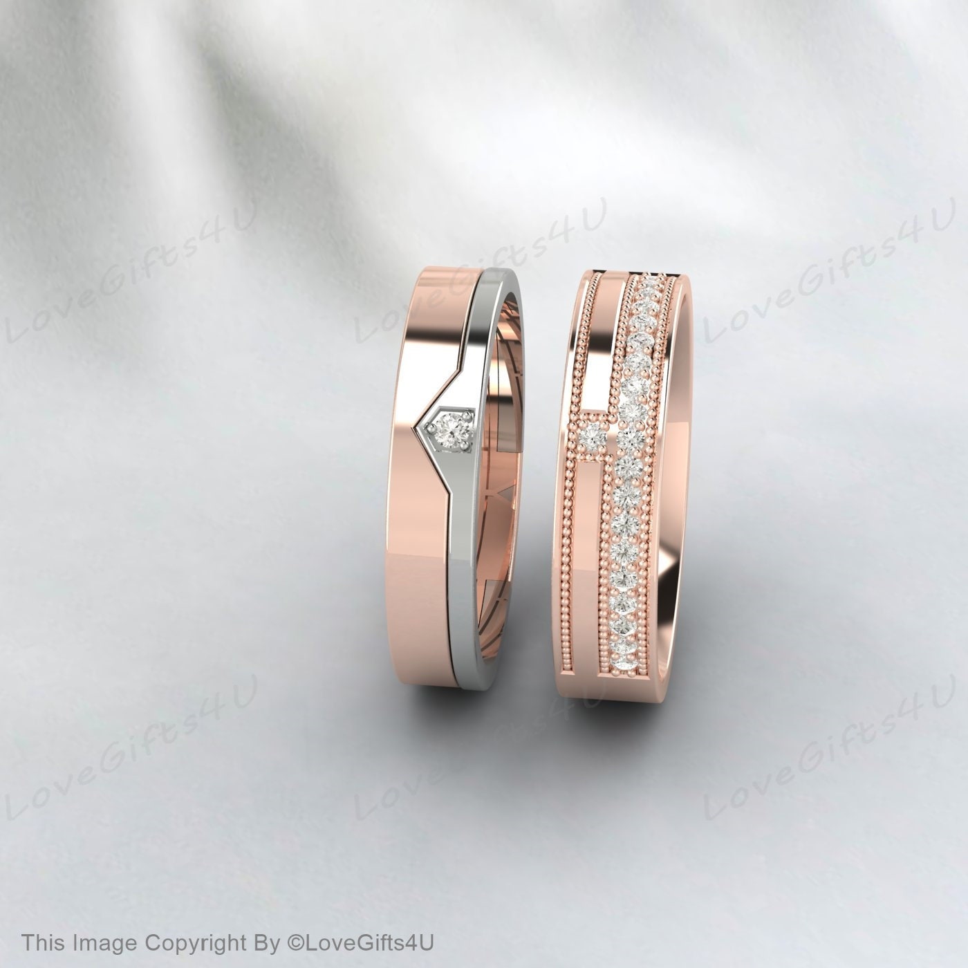 Matching Rings for Couples, Simulated Diamond Rings in 14K/18K Rose Gold, Wedding Ring Set, His and Hers Wedding Band, Anniversary Rings