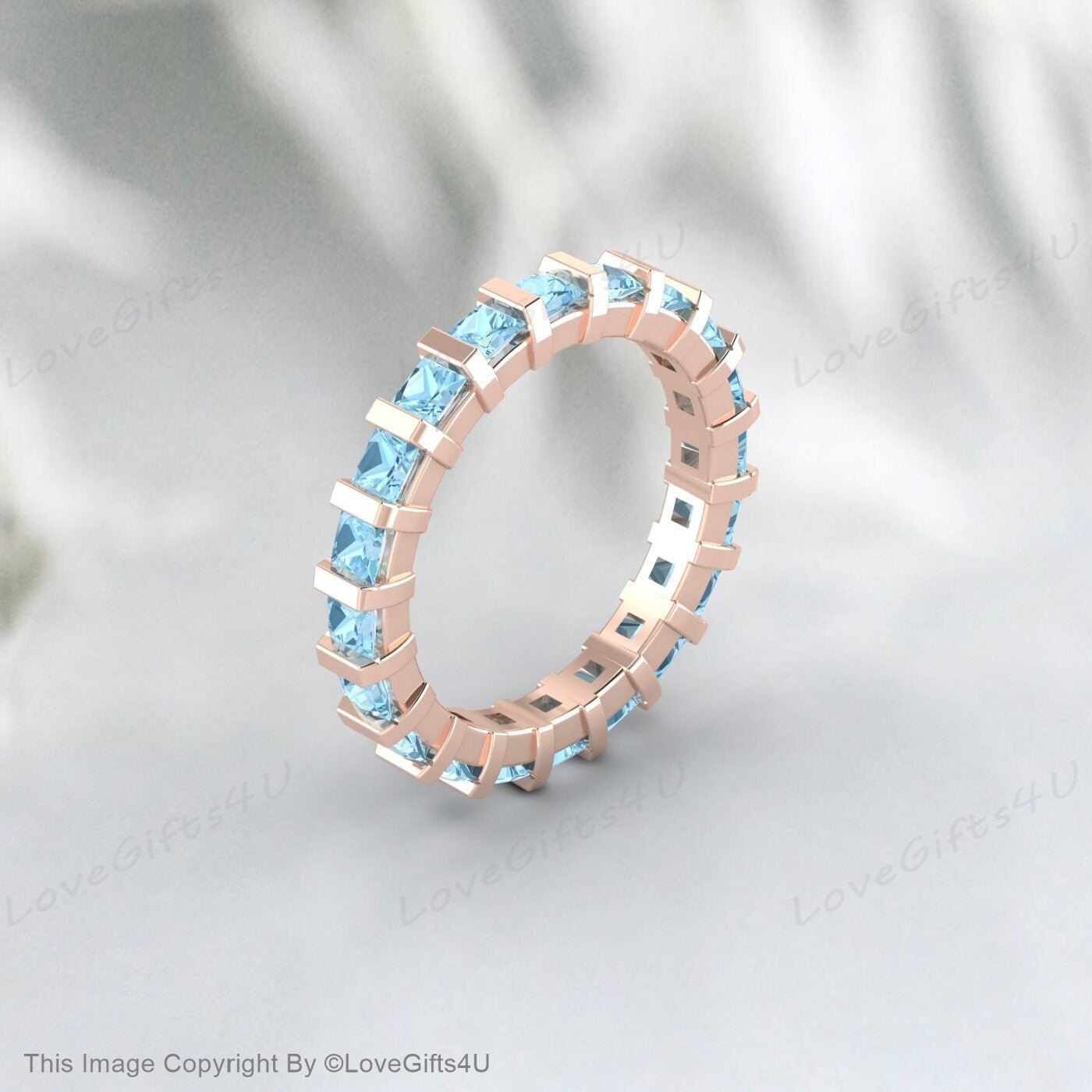 Princess Cut Aquamarine Wedding Band Full Eternity Anniversary Gift