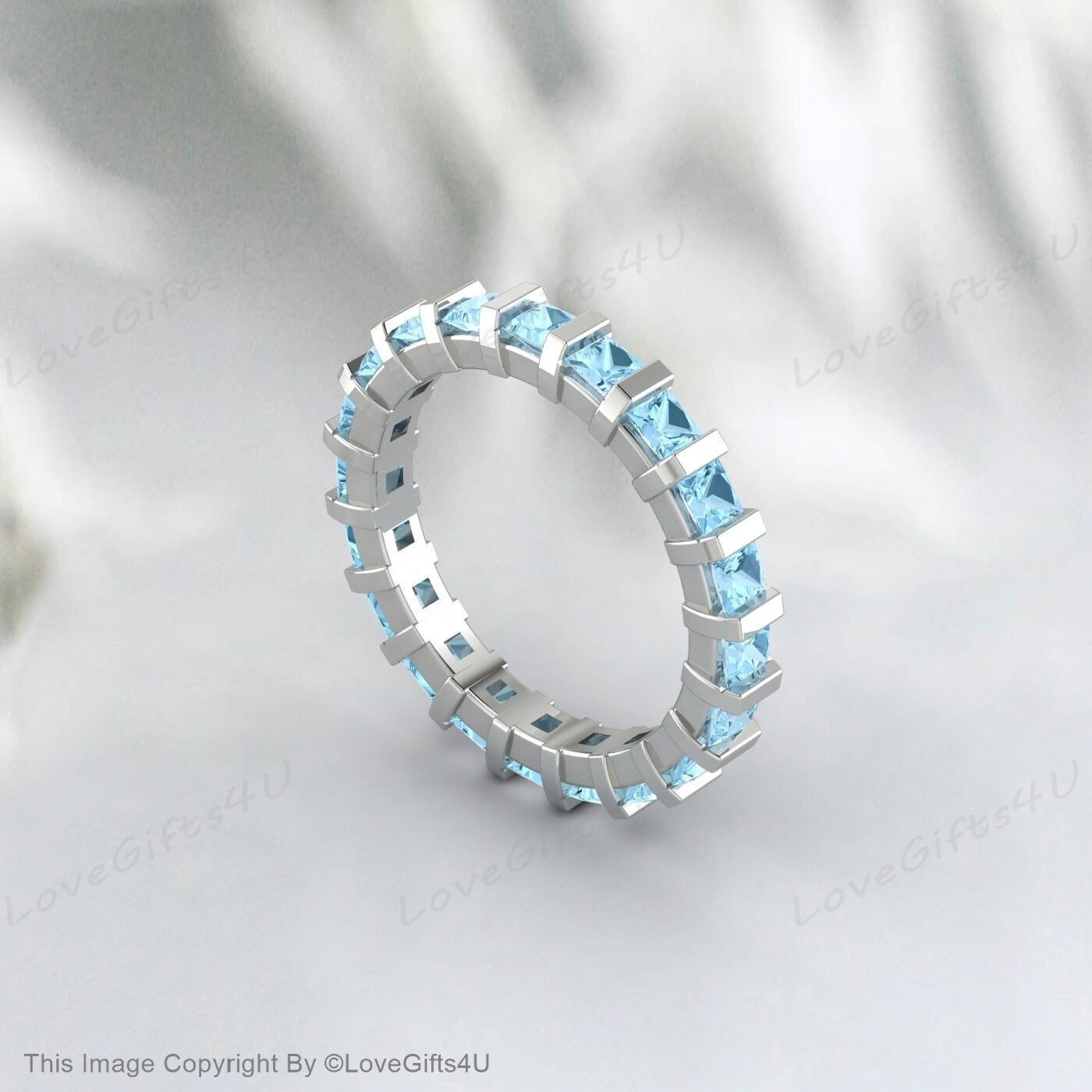 Princess Cut Aquamarine Wedding Band Full Eternity Anniversary Gift