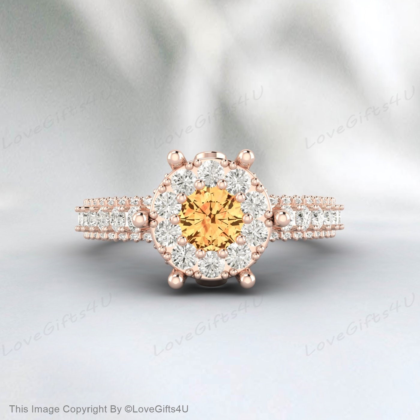 Bague de fiançailles en citrine jaune, bague de mariage avec halo de diamants simulés