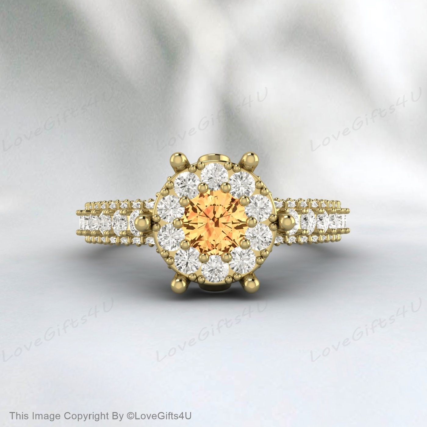 Bague de fiançailles en citrine jaune, bague de mariage avec halo de diamants simulés