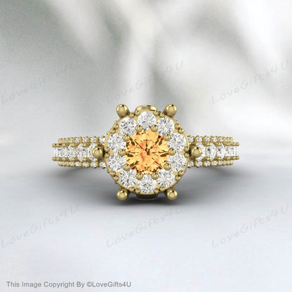 Yellow Citrine Engagement Ring Simulated Diamond Halo Wedding Ring