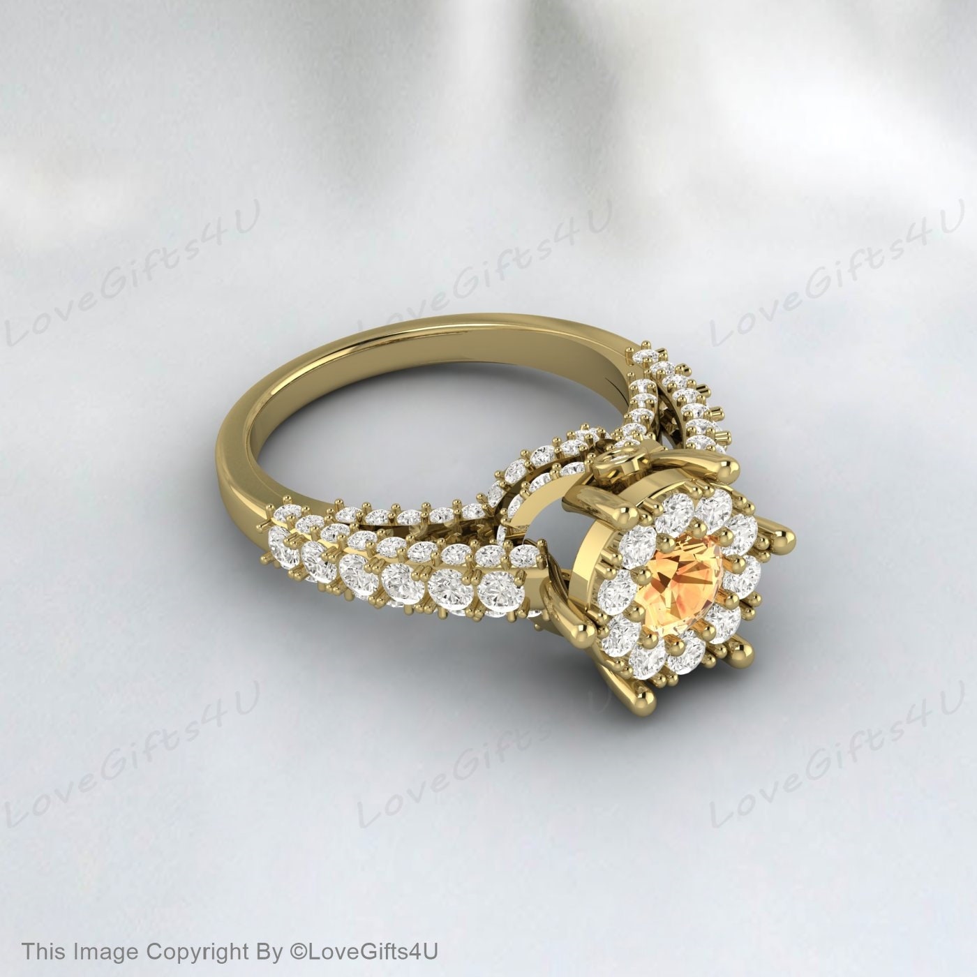 Bague de fiançailles en citrine jaune, bague de mariage avec halo de diamants simulés