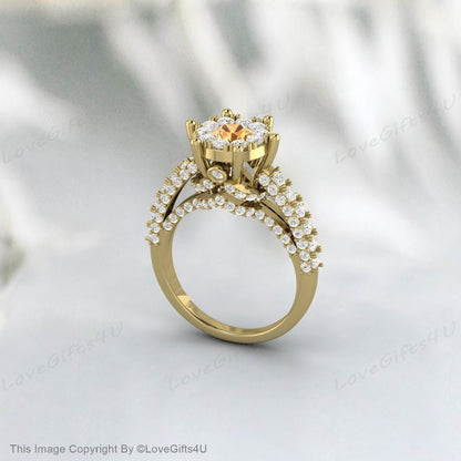 Bague de fiançailles en citrine jaune, bague de mariage avec halo de diamants simulés