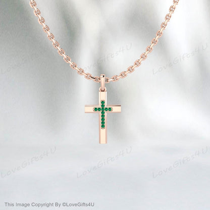 Collier Croix d’Émeraude Diamant 14k Or Émeraude Diamant Croix Émeraude Pierre de Naissance Croix Or Émeraude Croix Communion Confirmation