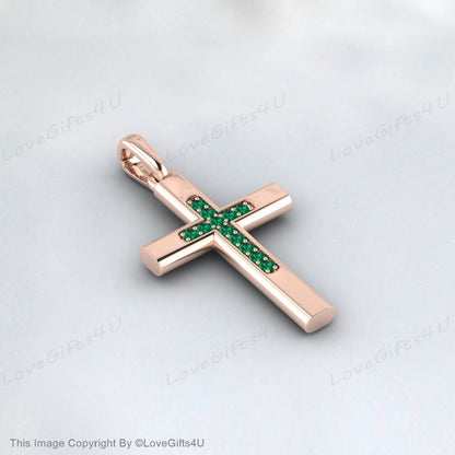 Collier Croix d’Émeraude Diamant 14k Or Émeraude Diamant Croix Émeraude Pierre de Naissance Croix Or Émeraude Croix Communion Confirmation