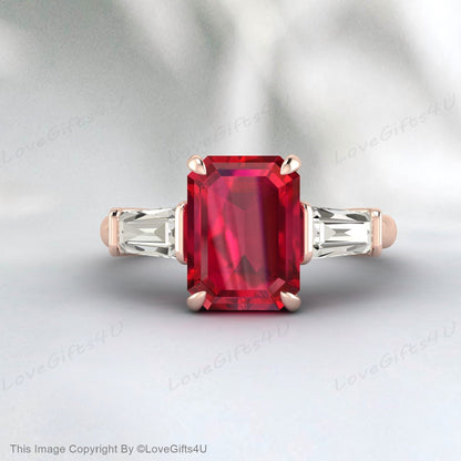 Emerald Cut Ruby Engagement Ring Silver Baguette Cz Diamond Ruby