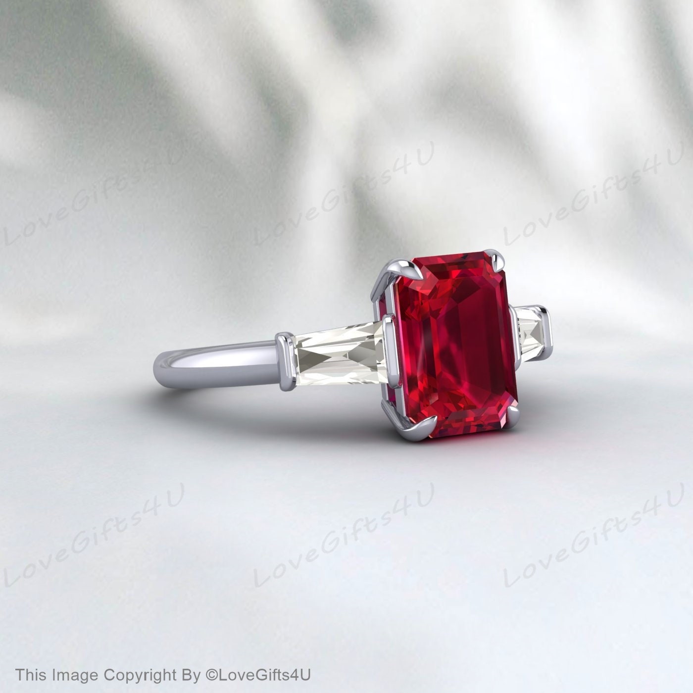 Emerald Cut Ruby Engagement Ring Silver Baguette Cz Diamond Ruby