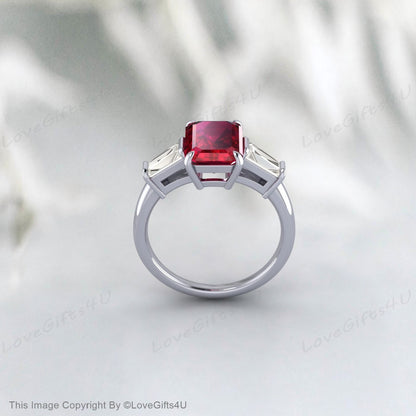 Emerald Cut Ruby Engagement Ring Silver Baguette Cz Diamond Ruby