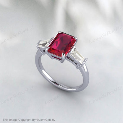 Emerald Cut Ruby Engagement Ring Silver Baguette Cz Diamond Ruby