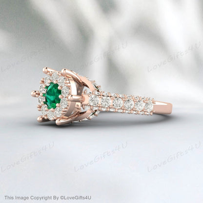 Emerald Engagement Ring Cz Diamond Halo Ring Vintage Wedding Ring