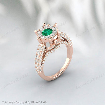 Emerald Engagement Ring Cz Diamond Halo Ring Vintage Wedding Ring