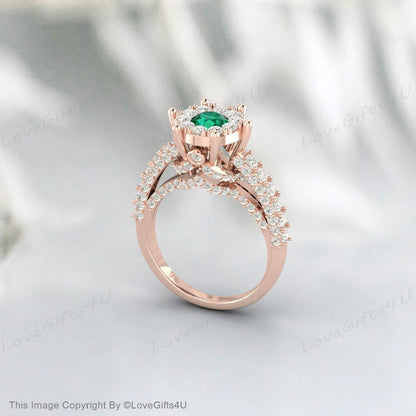 Emerald Engagement Ring Cz Diamond Halo Ring Vintage Wedding Ring