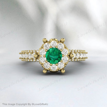 Emerald Engagement Ring Cz Diamond Halo Ring Vintage Wedding Ring