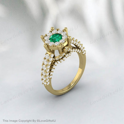 Emerald Engagement Ring Cz Diamond Halo Ring Vintage Wedding Ring