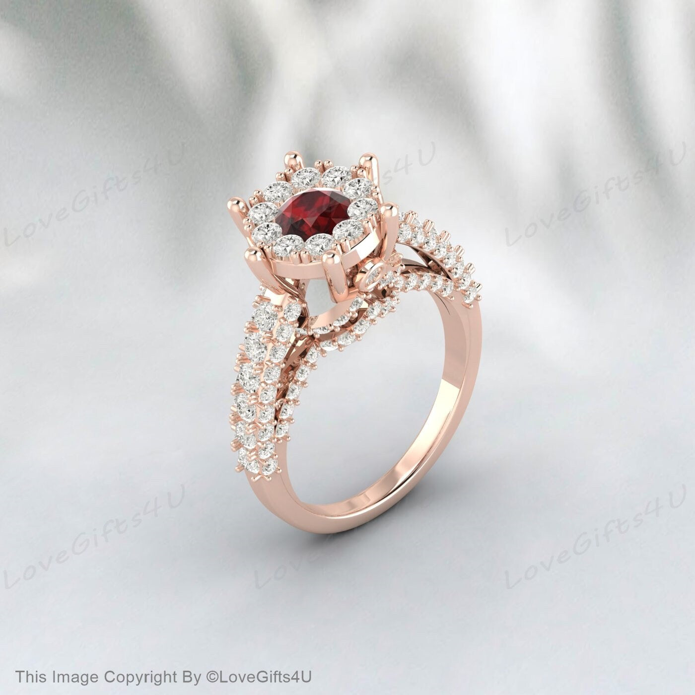 Round Garnet Engagement Ring Wedding Ring Flower Vine Bridal Gift