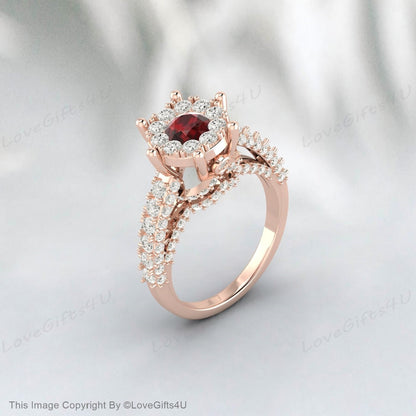 Bague de fiançailles ronde en grenat, bague de mariage, fleur de vigne, cadeau de mariée