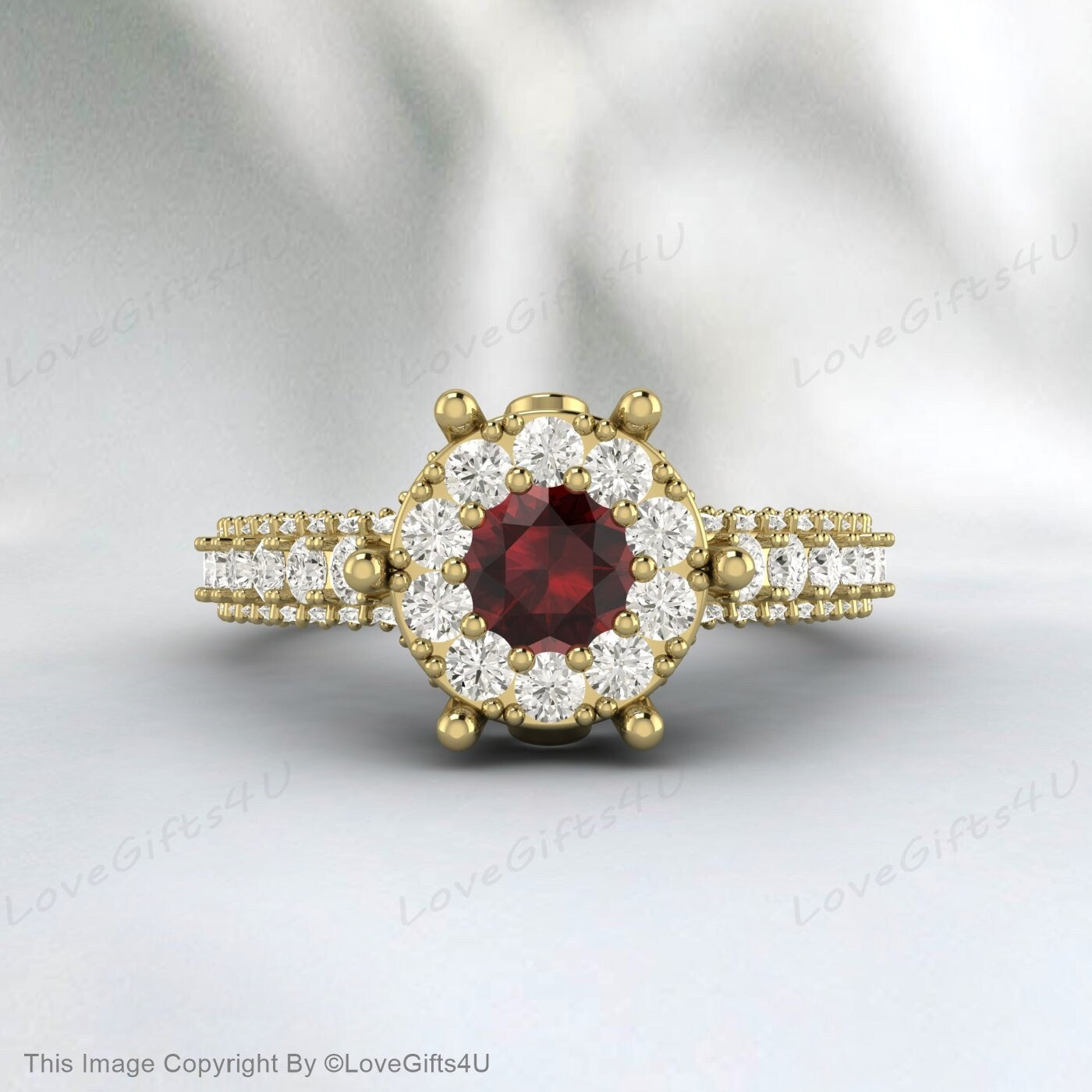 Round Garnet Engagement Ring Wedding Ring Flower Vine Bridal Gift