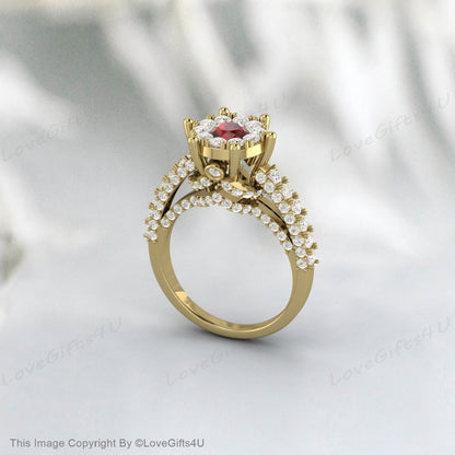 Bague de fiançailles ronde en grenat, bague de mariage, fleur de vigne, cadeau de mariée