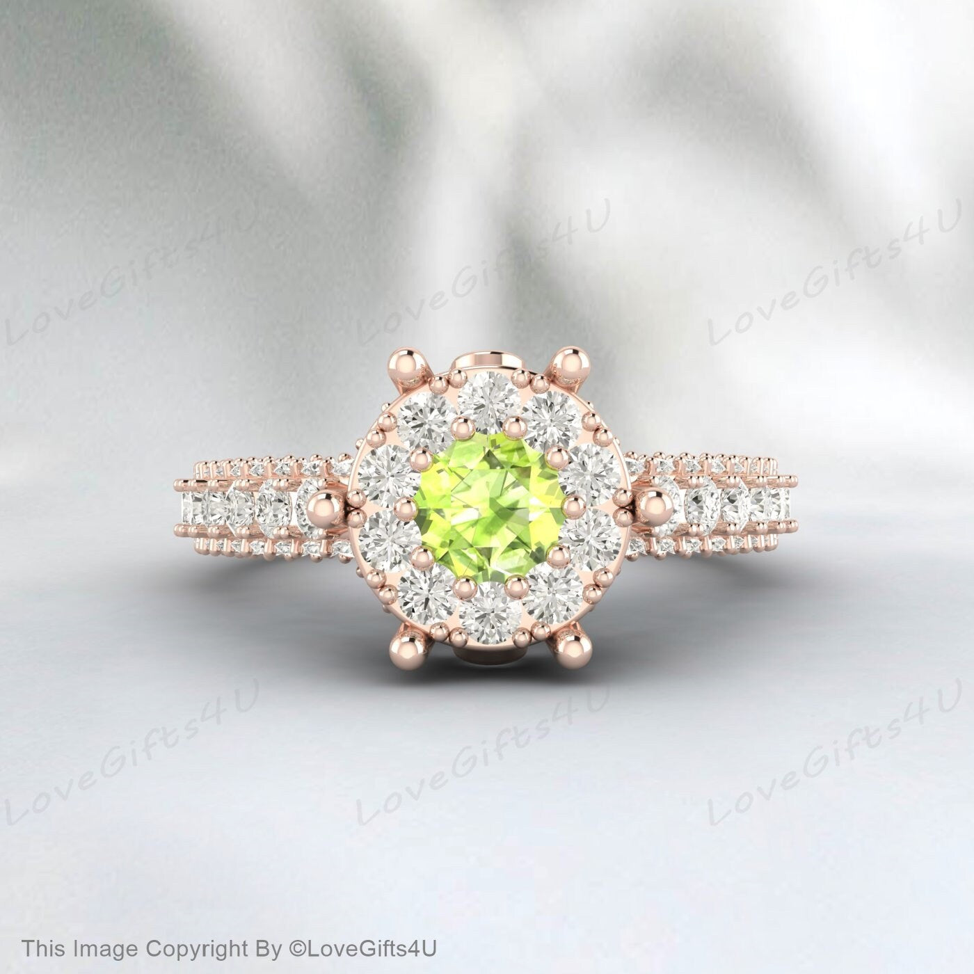 Round Peridot Engagement Ring Moissanite Ring Bridal Anniversary Ring