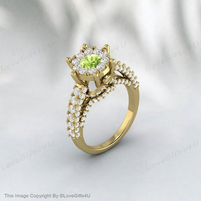 Round Peridot Engagement Ring Moissanite Ring Bridal Anniversary Ring