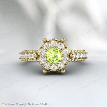 Round Peridot Engagement Ring Moissanite Ring Bridal Anniversary Ring