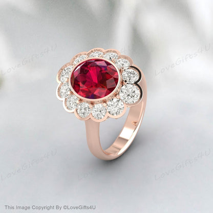 Round Red Ruby Gemstone Wedding Ring Beautiful Moissanite Bridal Ring