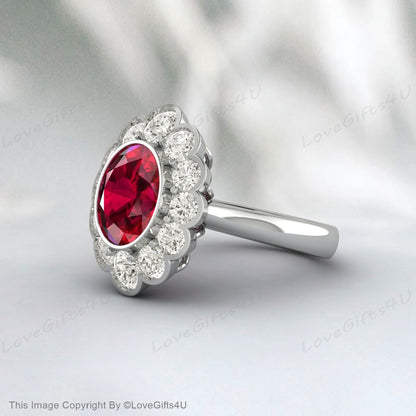 Round Red Ruby Gemstone Wedding Ring Beautiful Moissanite Bridal Ring