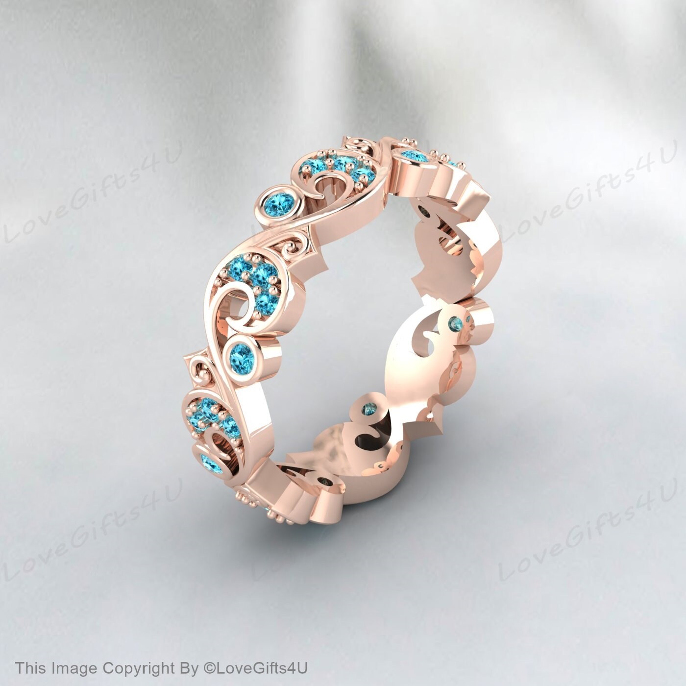 Full Eternity Leaf Vine Natural Blue Zircon Ring Vintage Wedding Band