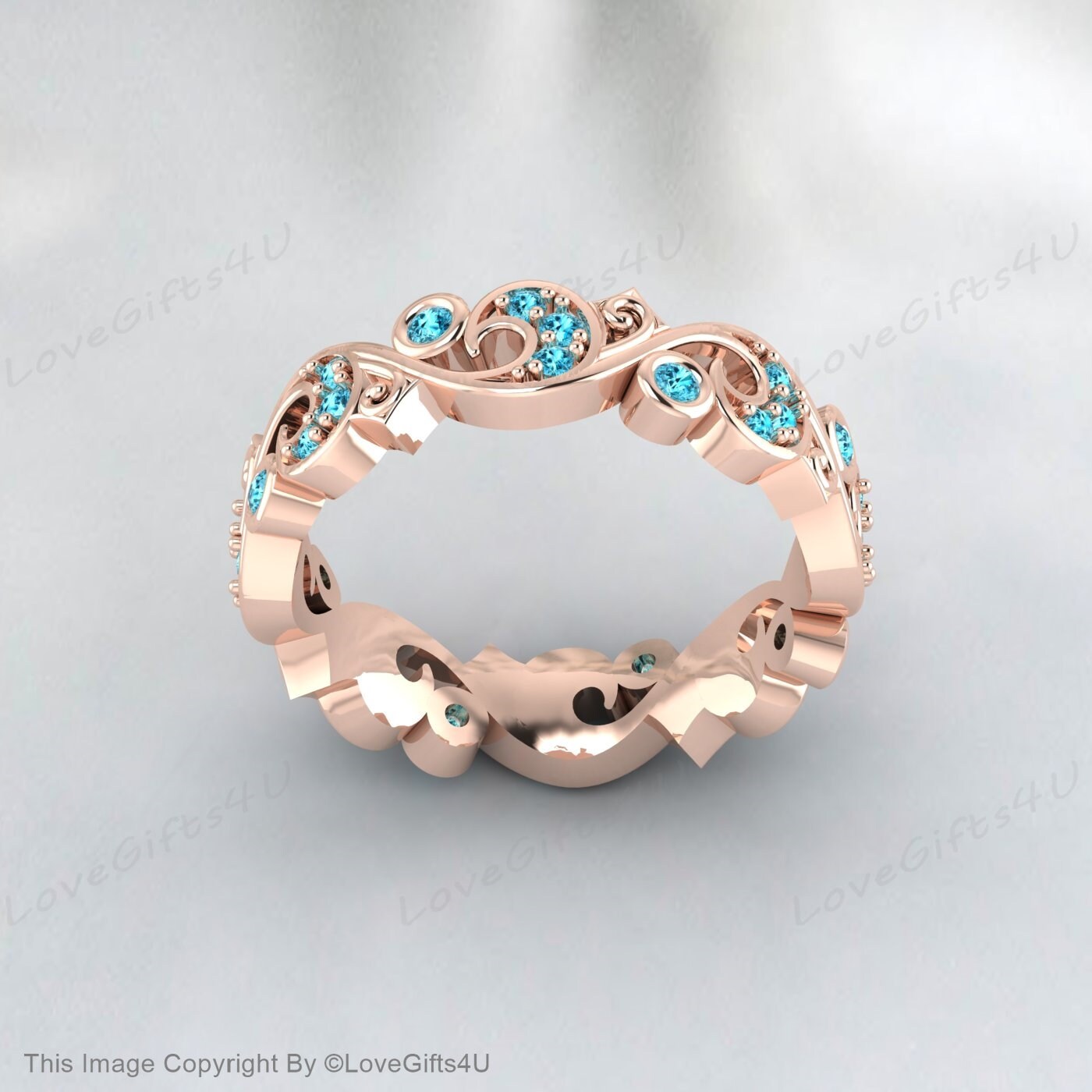 Full Eternity Leaf Vine Natural Blue Zircon Ring Vintage Wedding Band